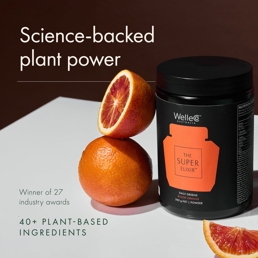WelleCo The Super Elixir label close-up emphasizing clean plant-based nutrition