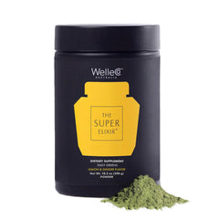 WelleCo The Super Elixir lemon-ginger tub close-up showing vegan, gluten-free formula for daily wellness.