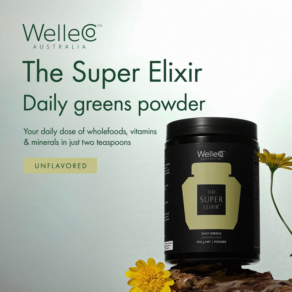 Scoop on WelleCo Super Elixir jar enables easy daily use for hydration-friendly boosts.