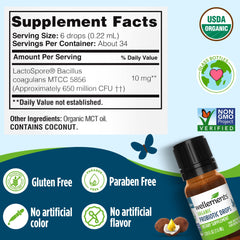 Wellements Organic Probiotic Drops label—USDA Organic and Non-GMO certifications.