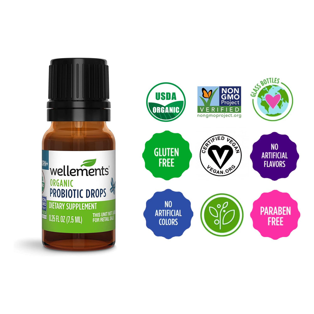 Wellements Probiotic Drops packaging—compact 0.25 oz travel-friendly.