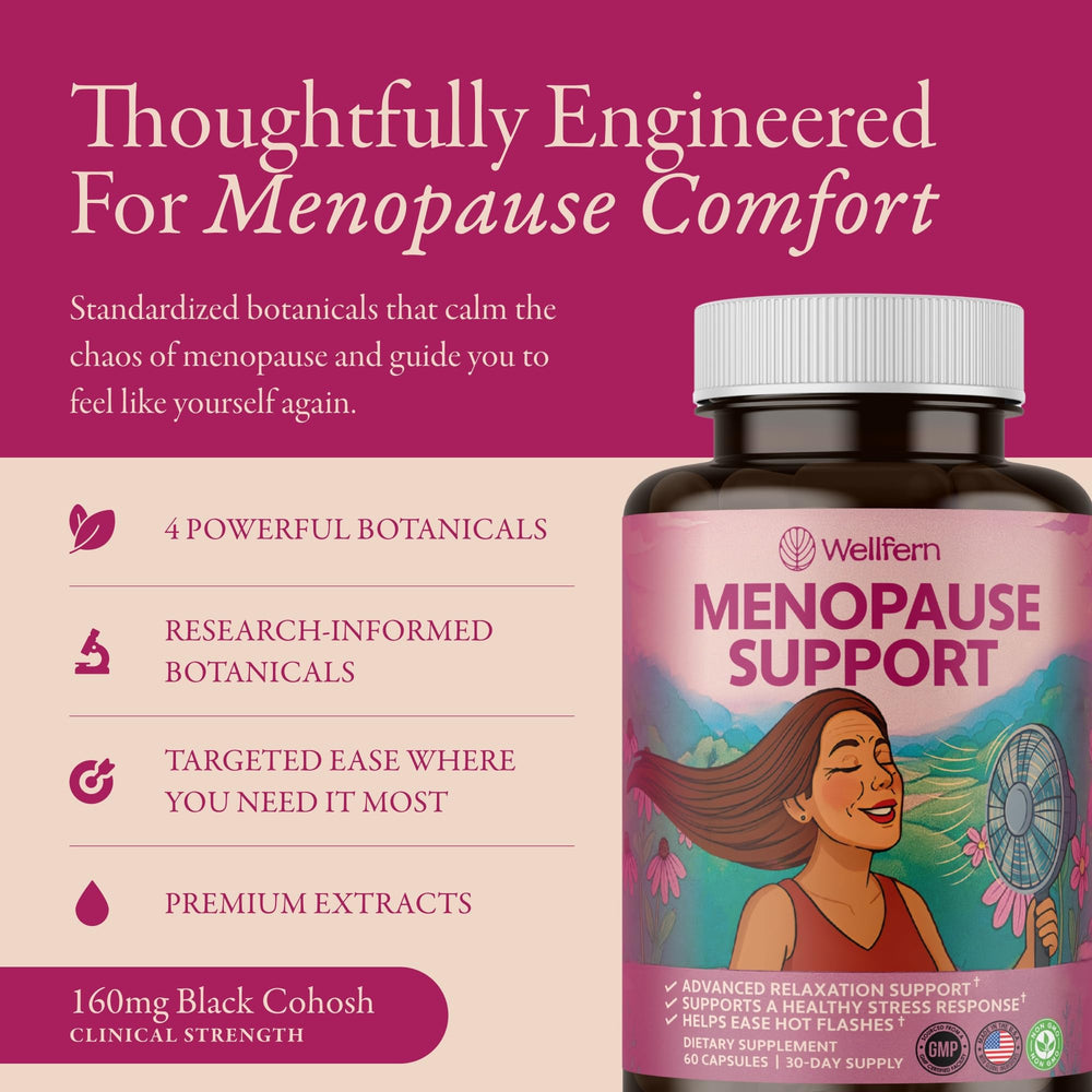Wellfern herbal ingredients closeup showcases black cohosh and friends for natural balance.