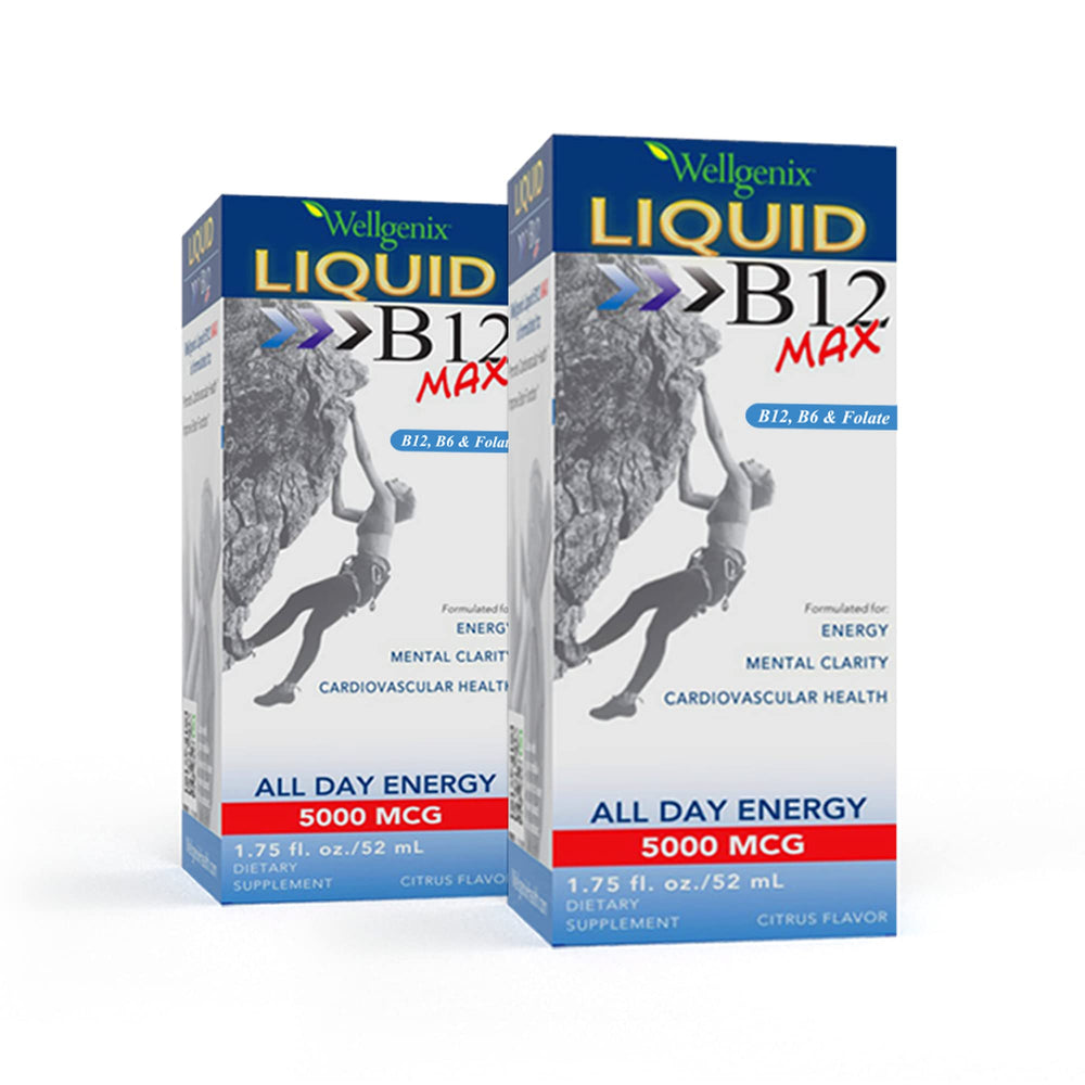 Wellgenix B12 Max Liquid bottle front shows compact design for daily energy support