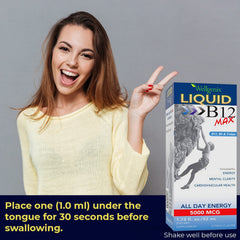 Wellgenix B12 Max Liquid ingredients label highlights B12, B6 and folate blend