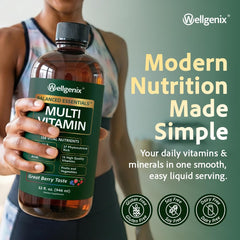 Wellgenix Balanced Essentials berry-flavored liquid captured in a spoon for tasting.
