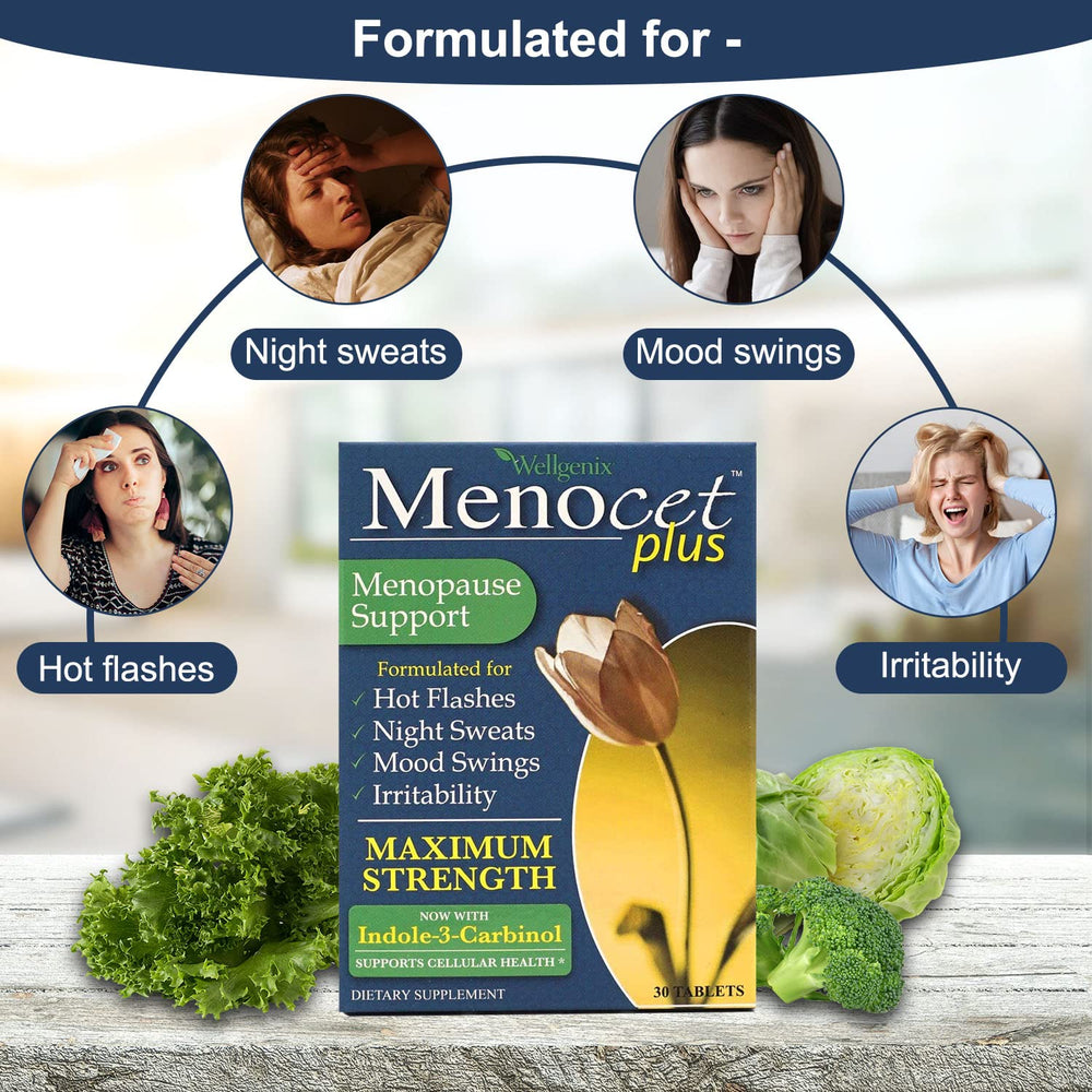 Wellgenix Menocet Plus bottle closeup showing capsules for easy daily use.