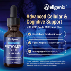 Wellgenix Methylene Blue Drops with glass dropper enable easy dosing and rapid absorption.