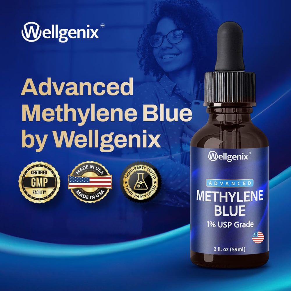 Wellgenix Methylene Blue Drops 1% USP in amber bottle for pharmaceutical-grade formulation.