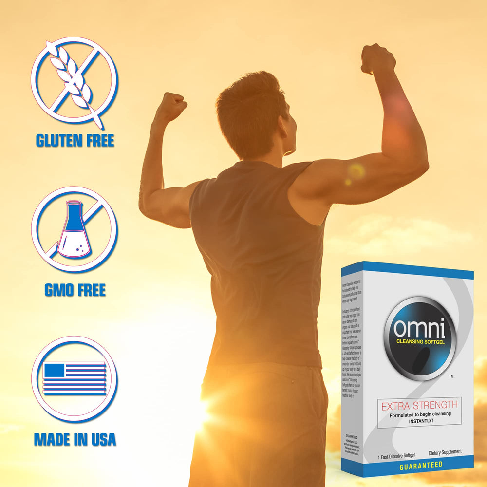 Wellgenix Omni detox softgel packaging highlights B vitamins for daily wellness.