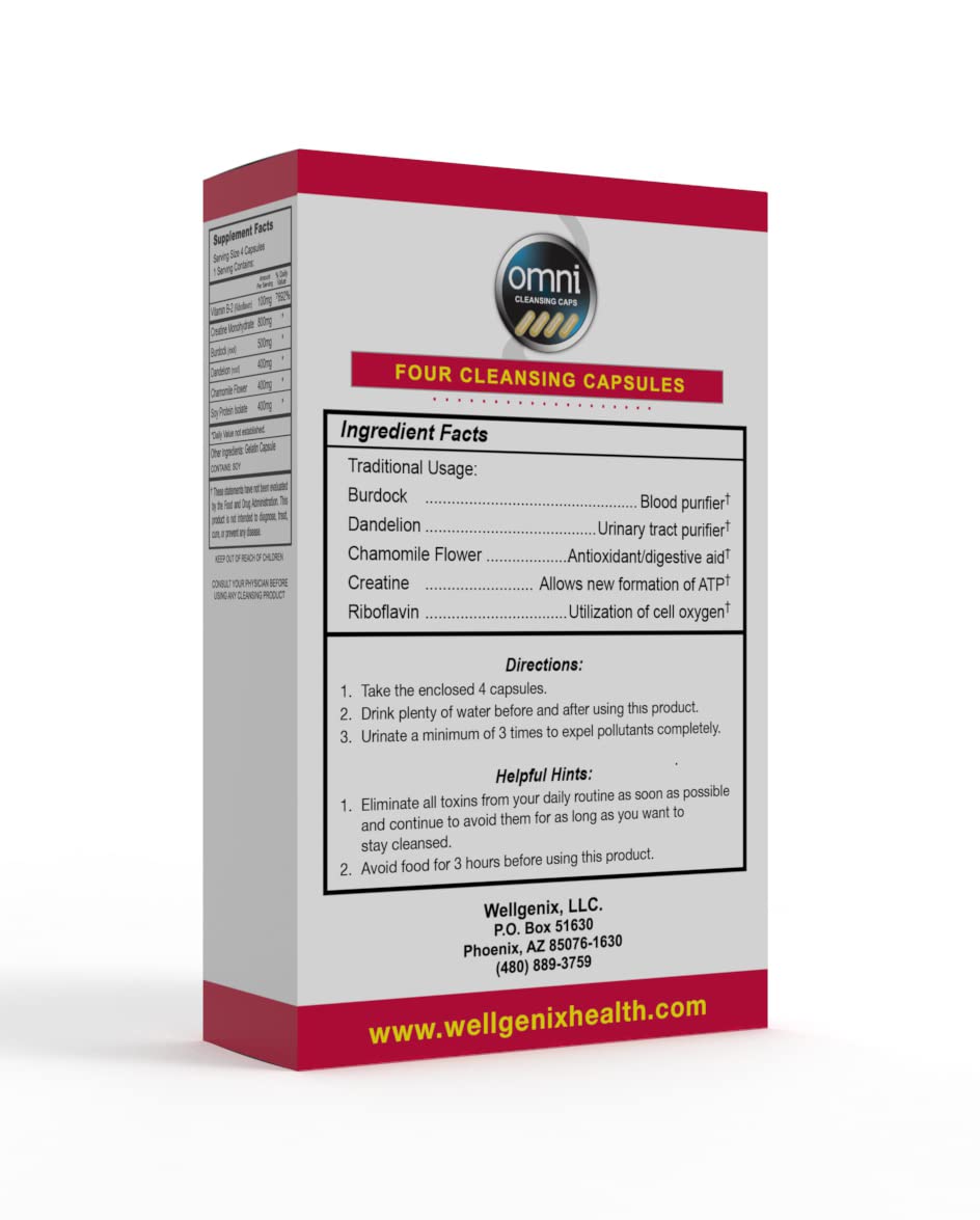 Wellgenix Omni Detox capsules with fresh fruits and water.