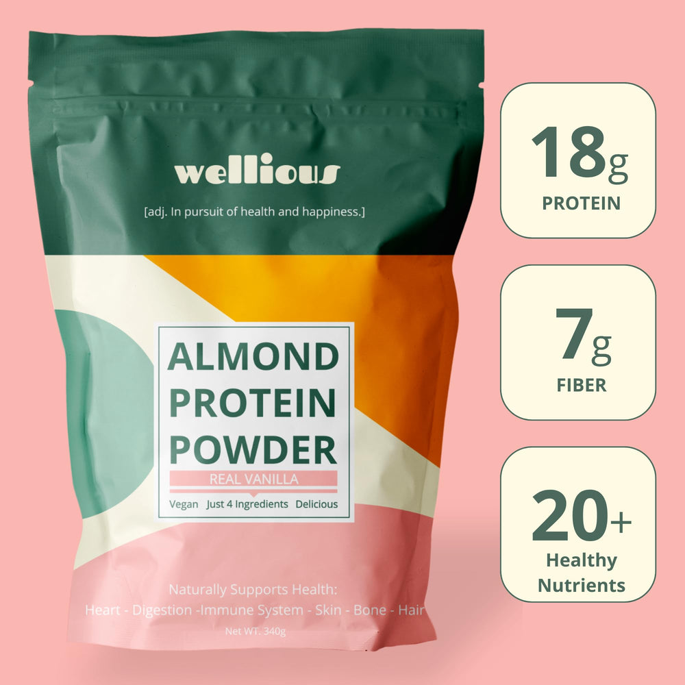 Wellious almond protein powder bowl mixing, ready to blend into smoothies.
