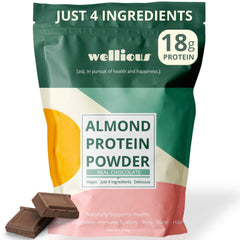 Wellious Almond Protein Powder Chocolate scoop ready for a quick protein boost