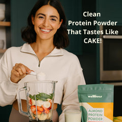 Wellious vanilla protein powder glass with milk, quick dairy-free shake.