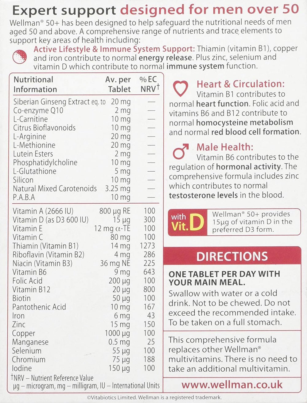Wellman 50+ bottle front, gluten-free formula for vegetarians.