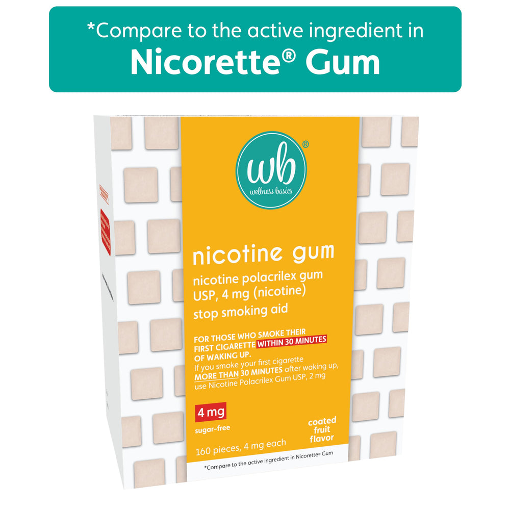 Wellness Basics nicotine gum 4mg fruit flavor morning-use supports routine cravings.