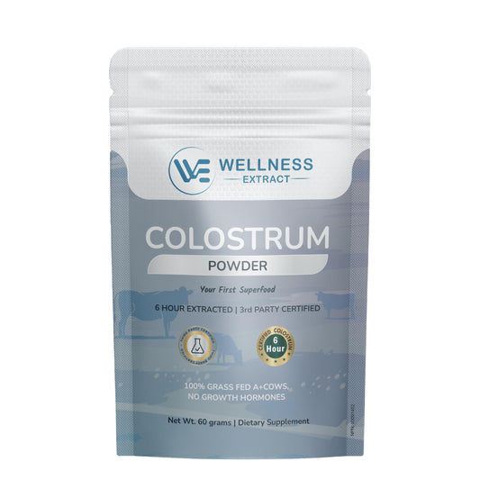 Wellplus Wellness Extract bovine colostrum bottle showing grass-fed nutrition for daily immune and gut support.