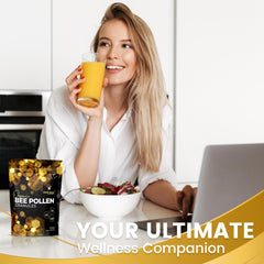 WellnessLabsRx Bee Pollen Granules in glass jar on kitchen shelf