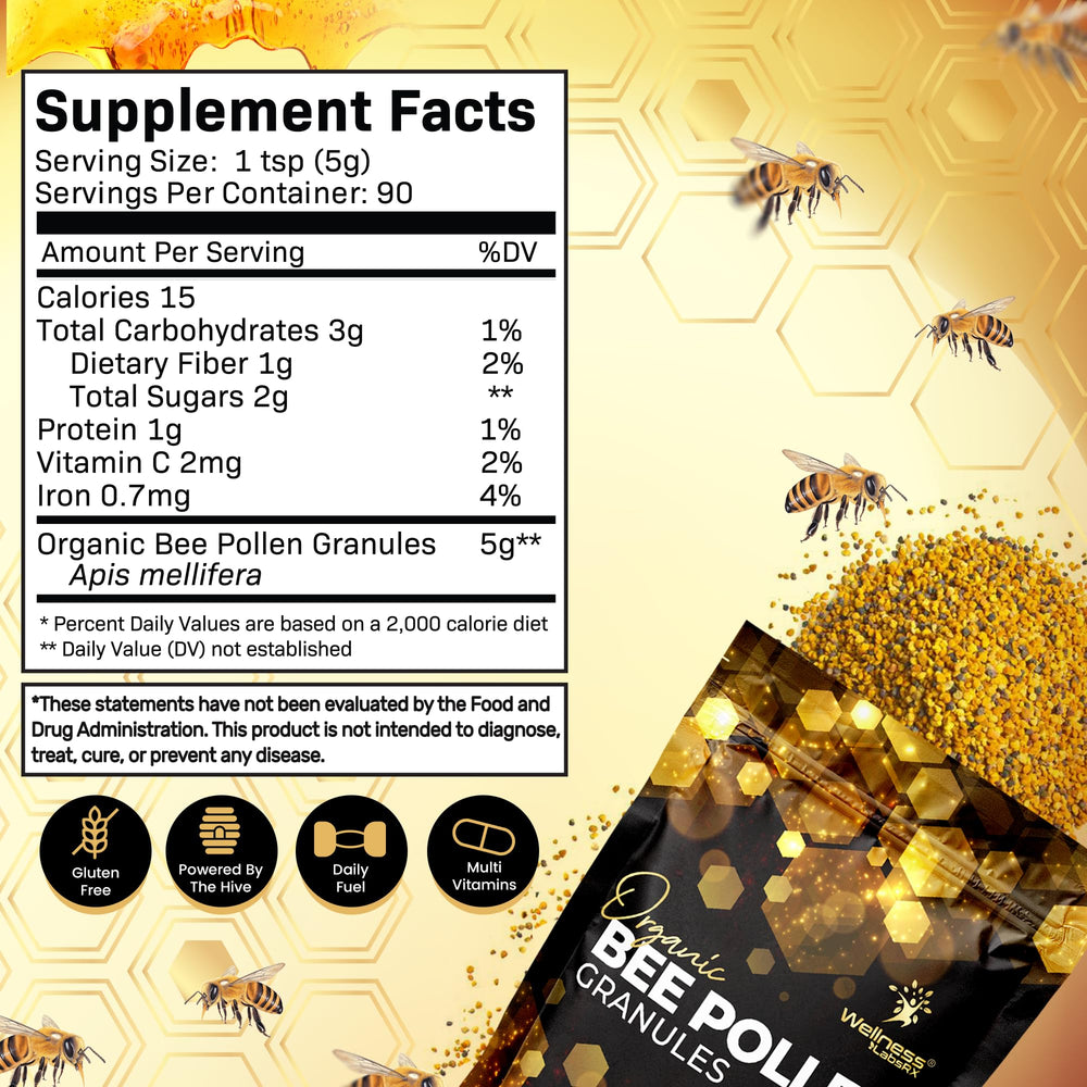 WellnessLabsRx Bee Pollen Granules label highlights organic and gluten-free quality
