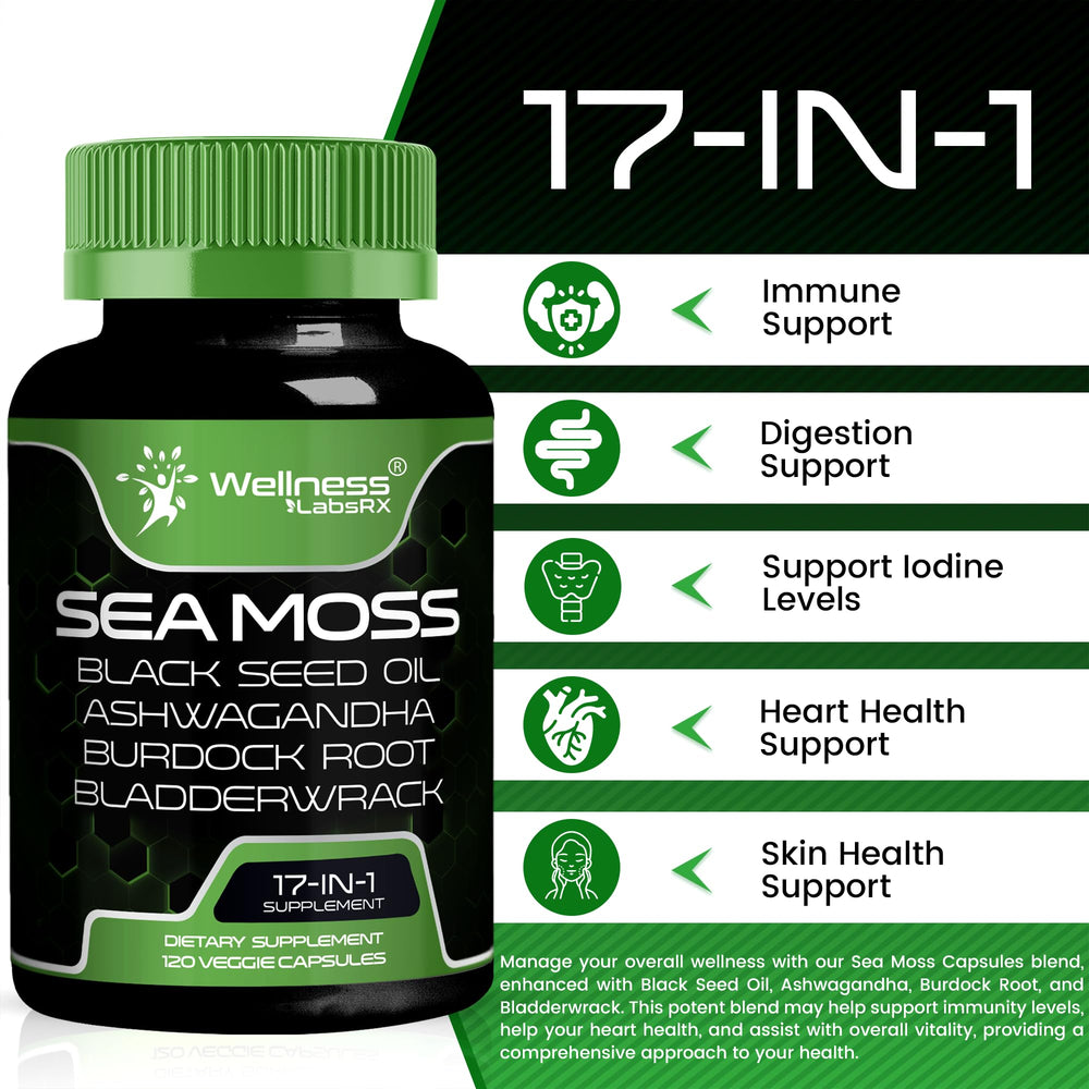 WELLNESS LABSRX bladderwrack seamoss capsules showing sea vegetable blend.