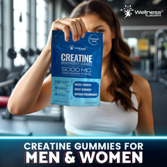 WELLNESS LABSRX Creatine Gummies flavor-text label highlights strawberry taste.
