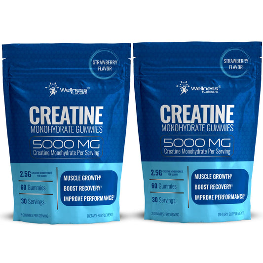 WELLNESS LABSRX Creatine Gummies strawberry bottle supports post-workout energy.