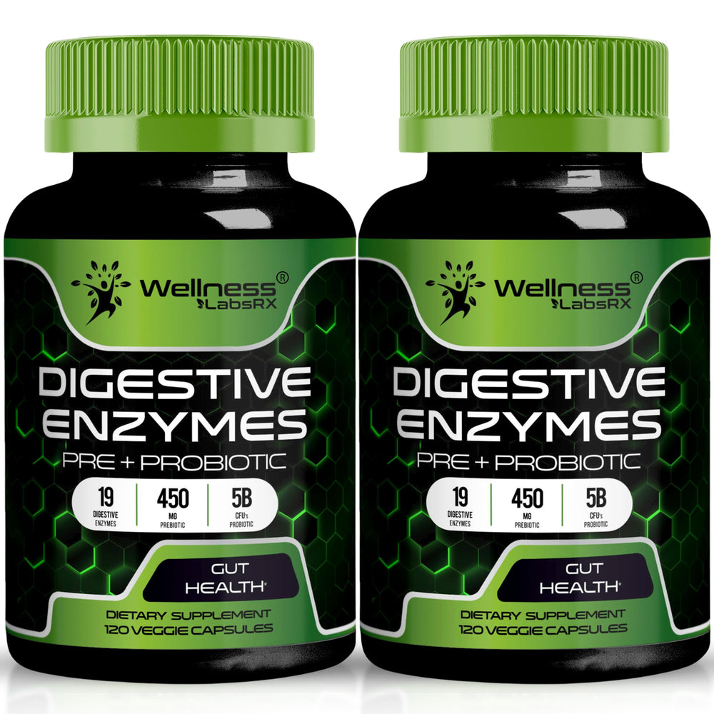 Wellness LabsRx digestive enzymes bottle promotes smoother digestion after meals.