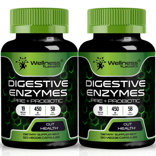 Wellness LabsRx digestive enzymes bottle promotes smoother digestion after meals.