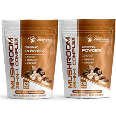 Wellness LabsRx mushroom powder bottle showing 25-in-1 blend for daily wellness support