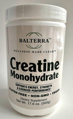 Wellness Made Clear Balterra creatine monohydrate jar with pure unflavored powder for easy mixing.