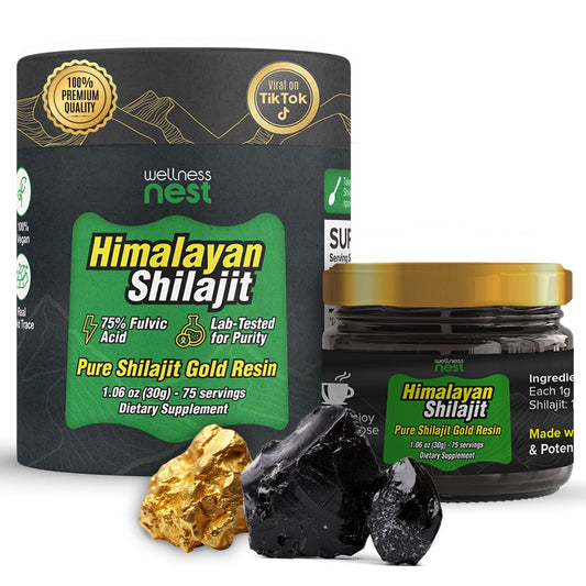 Wellness Nest gold-grade shilajit resin jar close-up with 24K gold infusion.
