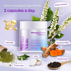 Wellness Nest MenoMate capsules closeup highlights vegan formula and 10B CFUs for gut health