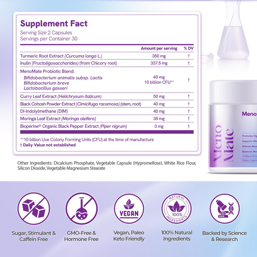 Wellness Nest MenoMate probiotic blend visuals emphasize gut health support