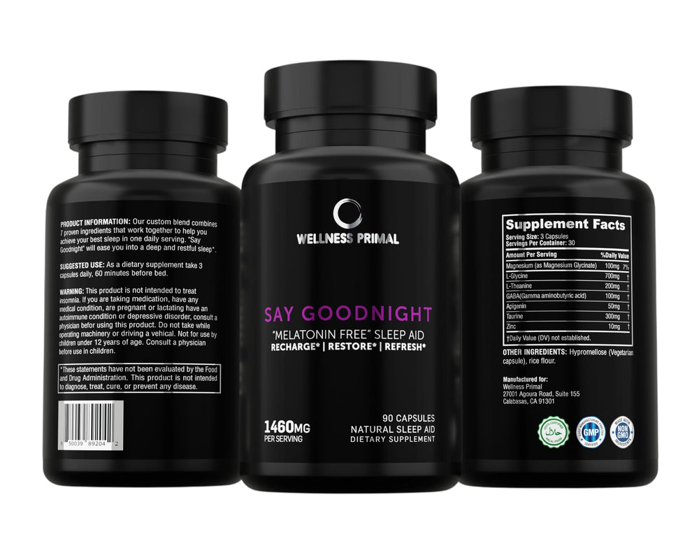 Wellness Primal melatonin-free sleep aid capsules arranged for display