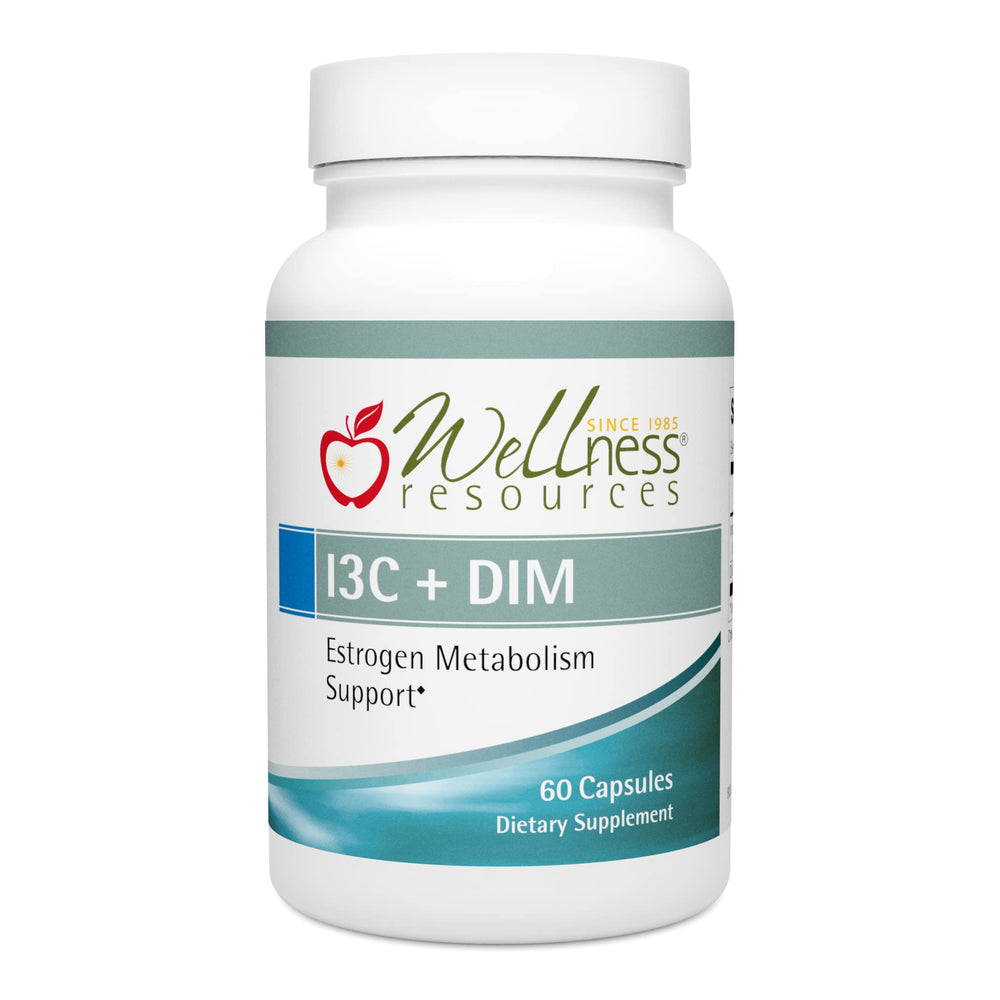 Wellness Resources I3C + DIM bottle close-up showing vegan capsules for estrogen metabolism support.