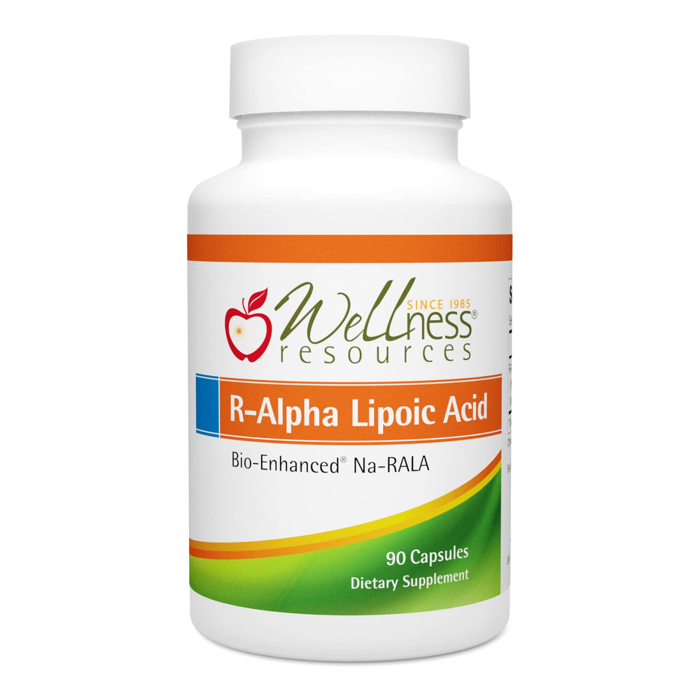 Wellness Resources Na-RALA bottle pouring, high-potency stabilized R-Lipoic acid for potential antioxidant support.