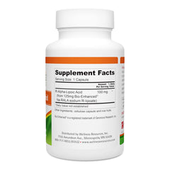 Wellness Resources RALA capsules close-up, showing non-GMO and gluten-free formulation.