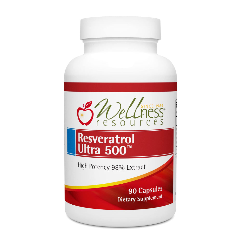 Wellness Resources Resveratrol Ultra 500 bottle front view highlights high potency per capsule