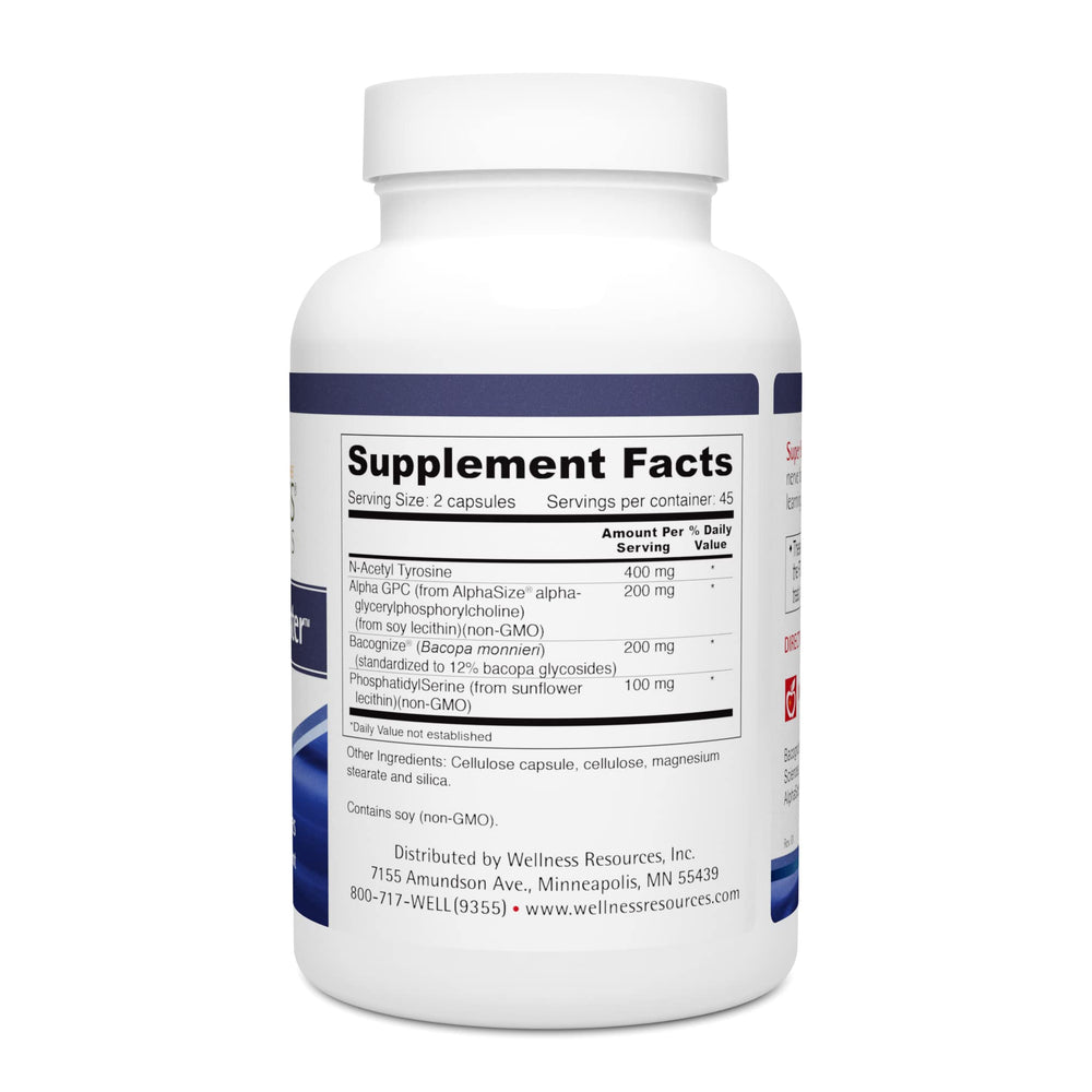 Wellness Resources Super Brain Booster label highlighting vegan and non-GMO features for clear focus.