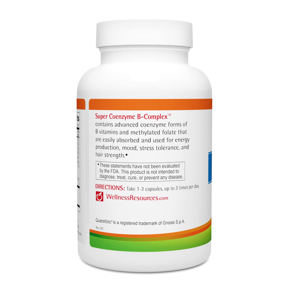 Wellness Resources Super Coenzyme B Complex capsules on neutral background for daily energy support