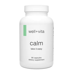 Well+Vita Calm bottle with label; suggests non-drowsy relaxation for daily use.