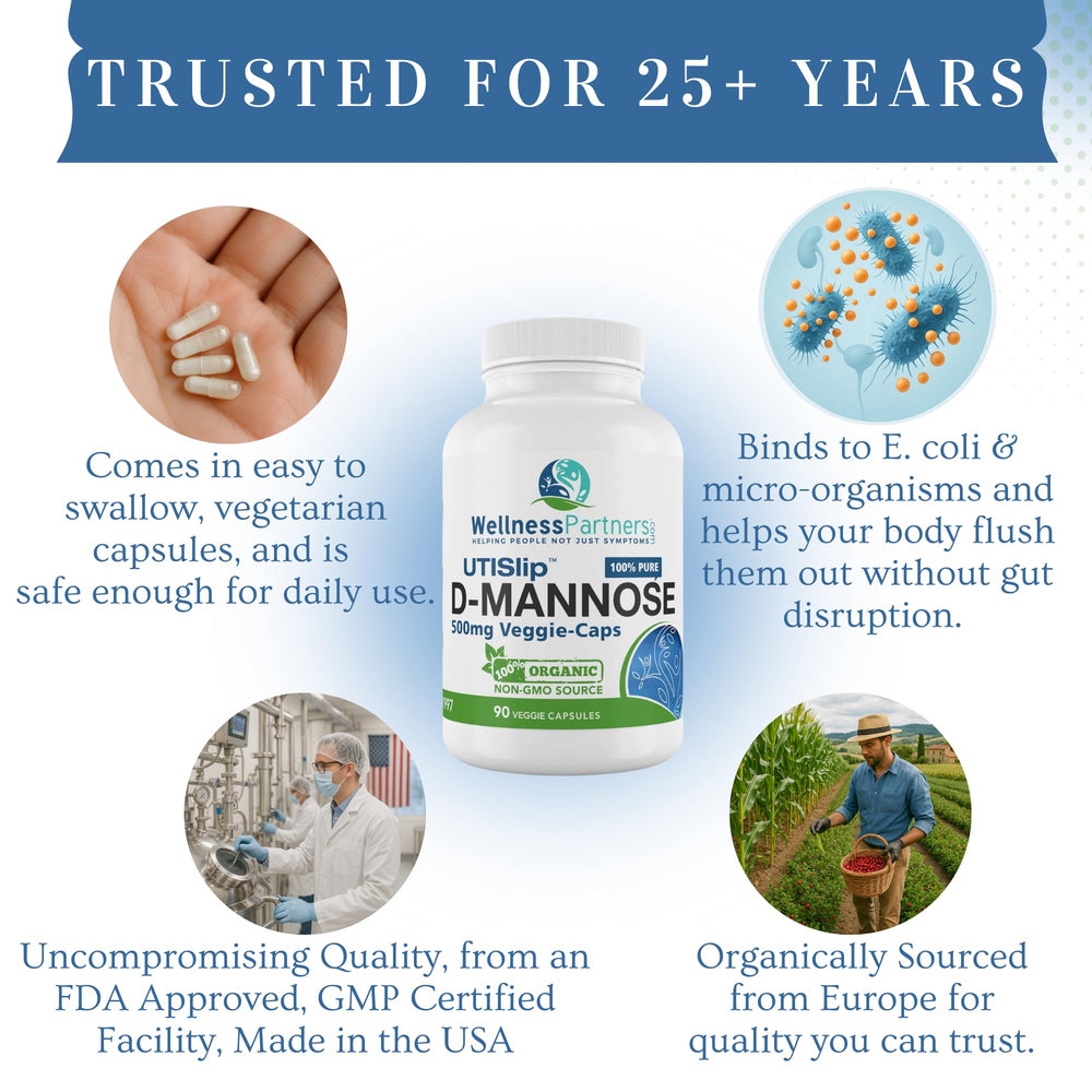 WellnessPartners Gluten-free kosher D-Mannose capsules fit diverse diets.