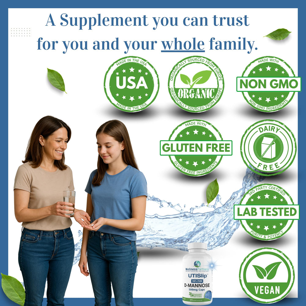 WellnessPartners UTI Slip D-Mannose bottle open; capsules ready for dosing with water
