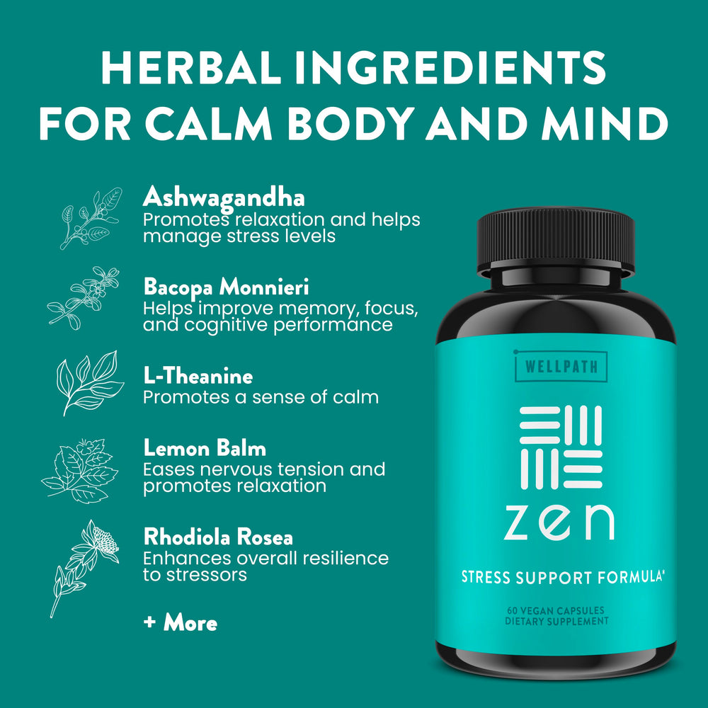 WellPath Zen L-Theanine Lemon Balm Capsules aiding relaxation and focus.
