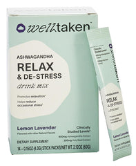 WellTaken Ashwagandha Relax & De-Stress box shows lemon lavender flavor for daily calm