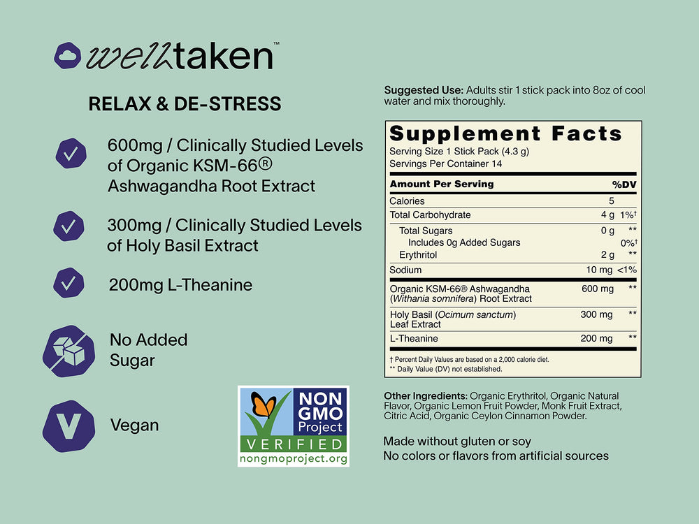WellTaken blend includes L-Theanine and Holy Basil for calm focus