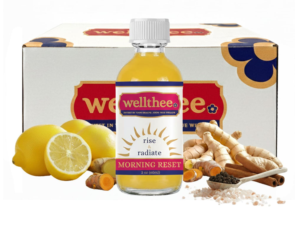 Wellthee Morning Reset bottle closeup for a quick daily wellness ritual.