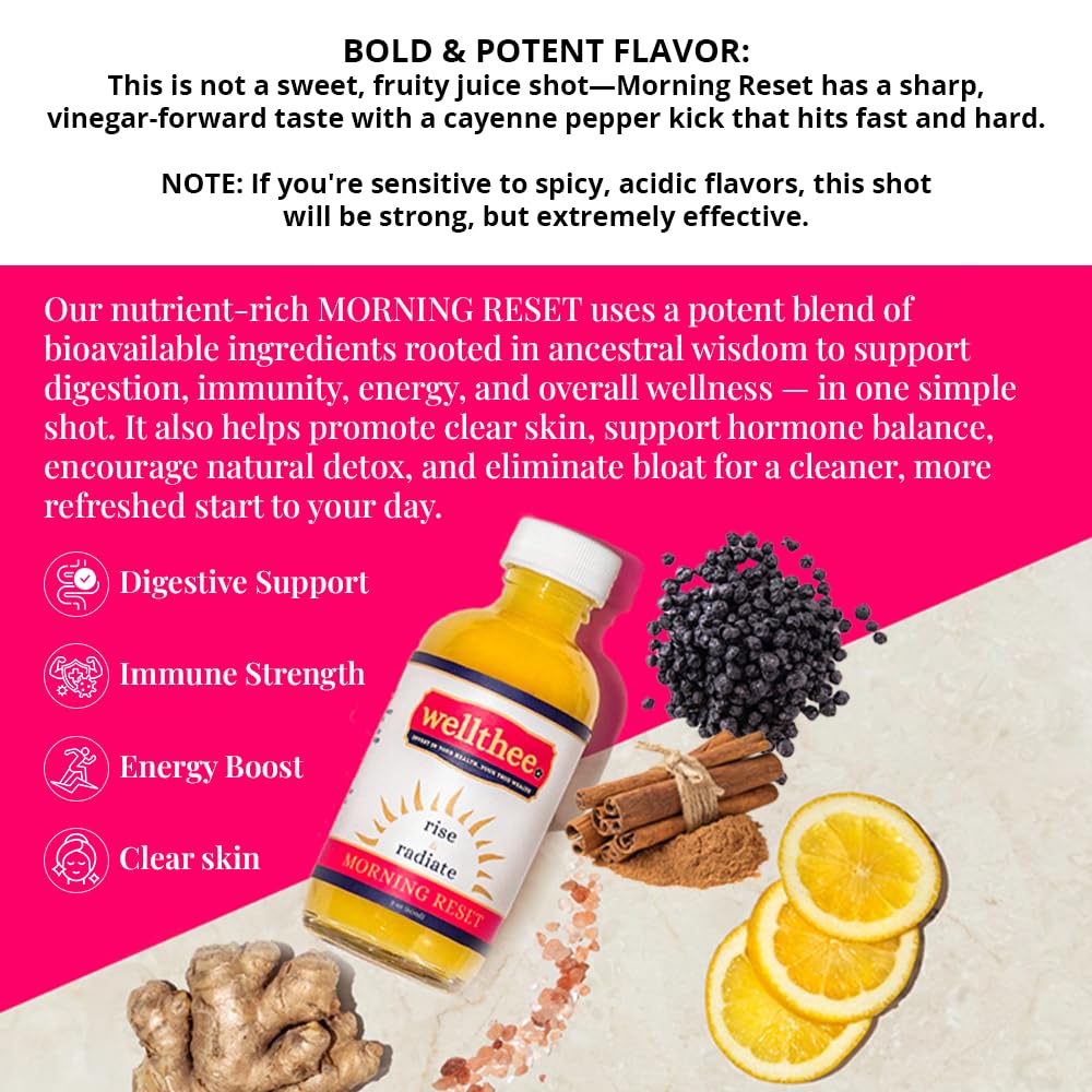 Wellthee Morning Reset bottle pour showing tart ACV and citrus brightness to start your day.