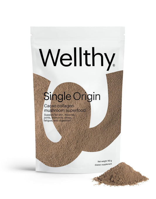 Wellthy Collagen Superfood Powder packaging with cacao and matcha, rich organic flavor.