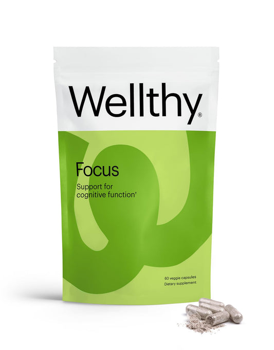 Wellthy Focus bottle front view showing potential focus support for studying