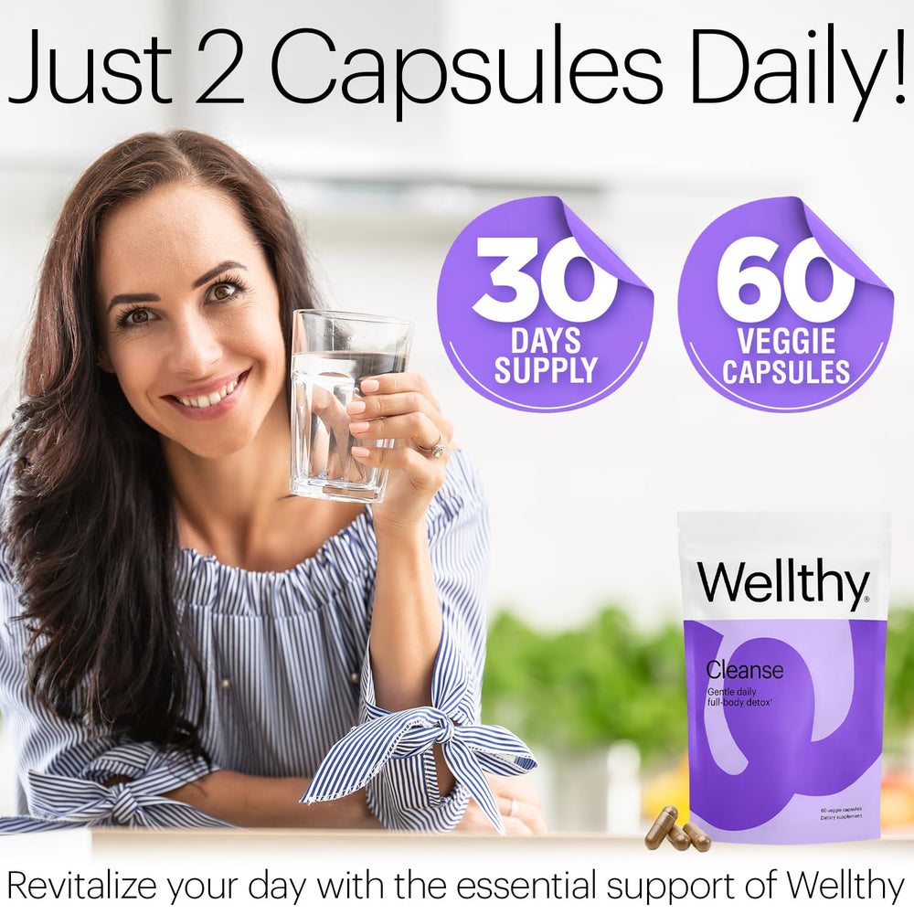 Wellthy detox label emphasizes vegan, gluten-free, dairy-free attributes.